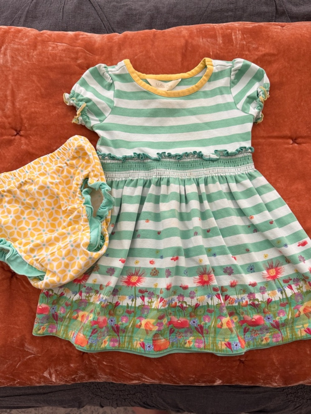 Matilda Jane Green and White Striped Floral Dress with Yellow Bloomers 6/12